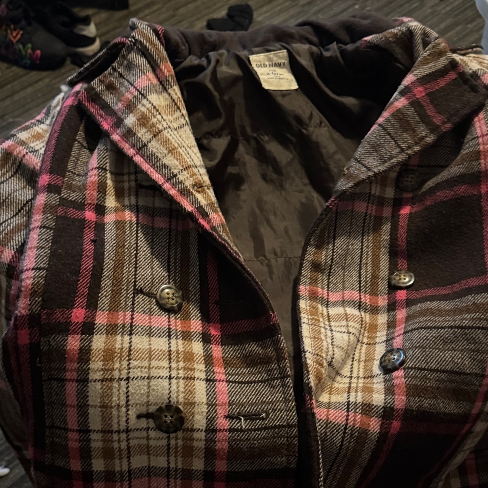 Old Navy girls Plaid Pea Coat - Brown and Pink